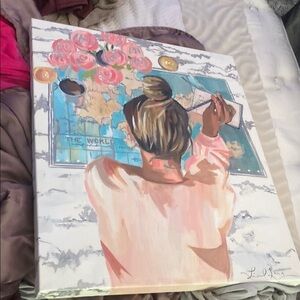 World Map Art Canvas with Pink and Blue Tones